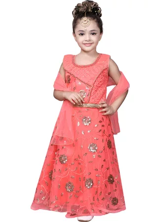 SKY HEIGHTS Girls Orange Embellished Ready to Wear Lehenga & Blouse With Dupatta