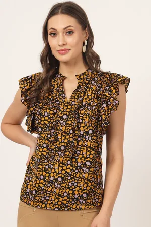 BEATNIK Abstract Printed Mandarin Collar Flutter Sleeves Top