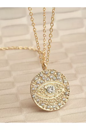 karatcart Gold-Plated CZ-Studded Circular Shaped Evil Eye Pendant With Chain