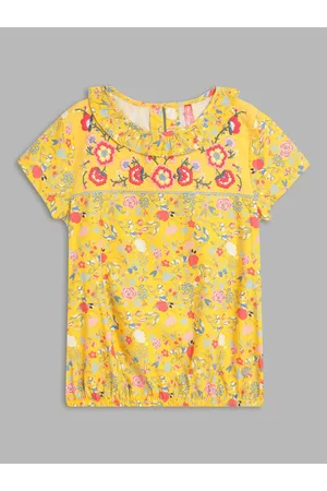 Blue Giraffe Girls Yellow & Red Floral Print Top