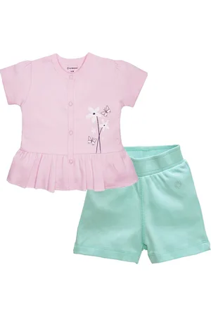 My Milestones Infant Girls Printed Pure Cotton Round Neck Top with Shorts Clothing Set