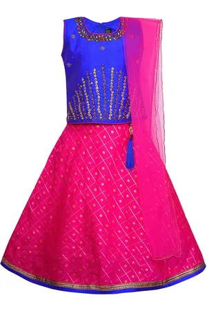 Wish Karo Girls Blue & Pink Embellished Ready to Wear Pattu Pavadai with Dupatta