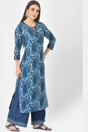 Pistaa Women Navy Blue Ethnic Printed Pure Cotton Kurta With Palazzos