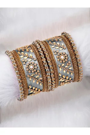 Peora Set of 10 Gold-Plated & Grey Silk Thread Handcrafted Kundan Bangles