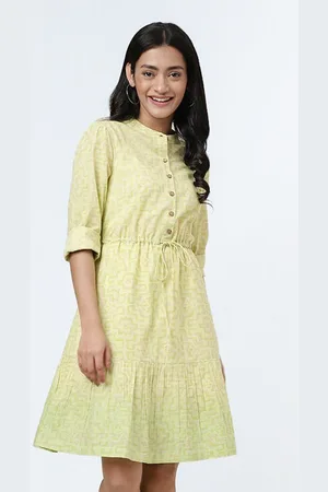 Fabindia Lime Abstract Printed Cotton A-Line Dress