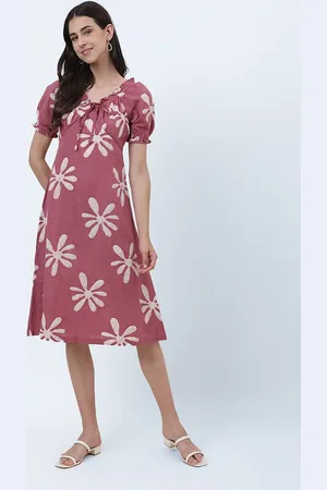 Fabindia Floral Printed Puff Sleeves Cotton Linen Empire Dress