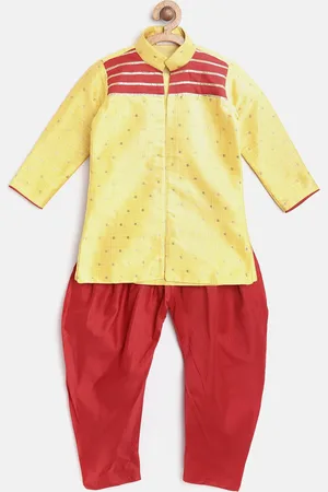 BownBee Boys Yellow & Red Woven Design Sherwani Set