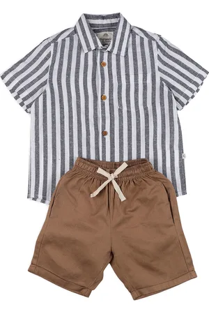Biglilpeople Boys Striped Shirt Collar Cotton Linen Shirt With Shorts