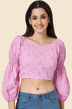 Pantaloons Sweetheart Neck Puff Sleeve Schiffli Cotton Crop Top