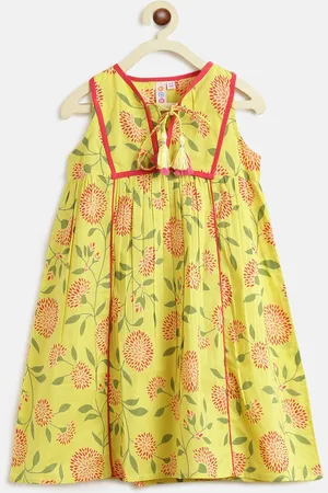 Kids On Board Yellow Floral Tie-Up Neck A-Line Maxi Cotton Dress