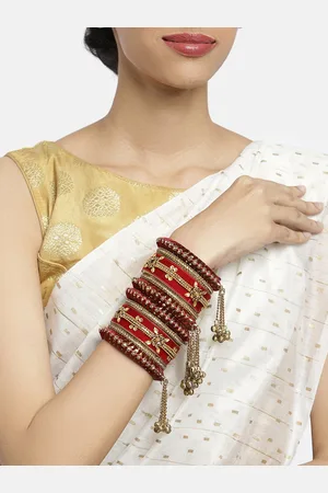 Peora Gold-Plated & Maroon Set Of 10 Matching Floral Kundan Studded Chura Bangle Set