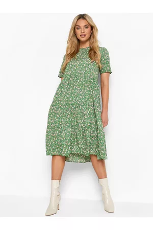 Boohoo Floral Print A-Line Tiered Midi Dress