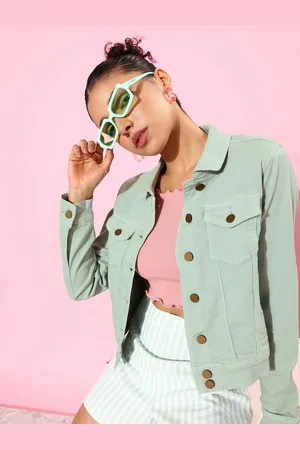 DressBerry Women Solid Spread Collar Crop Denim Jacket
