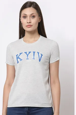 Club York Women Grey Typography Printed Applique T-shirt