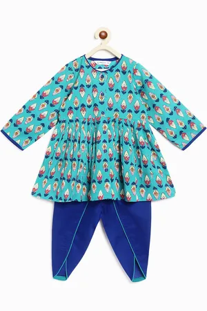 Campana Girls Teal Ethnic Motifs Printed A-Line Pure Cotton Kurta with Dhoti Pants
