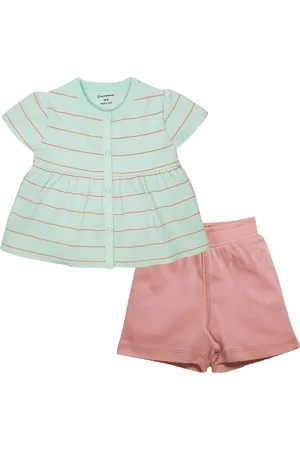 My Milestones Infant Girls Striped Pure Cotton Round Neck Top with Shorts Clothing Set