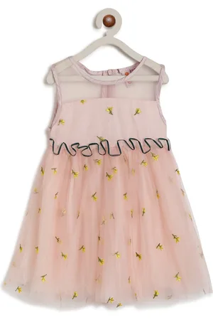 Kids On Board Girls Peach-Coloured Embroidered A-Line Dress