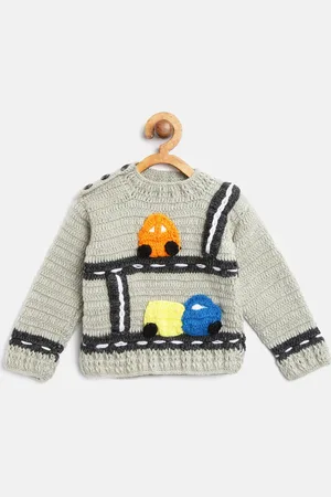 CHUTPUT Kids Grey Self Design Cardigan with Applique Detail