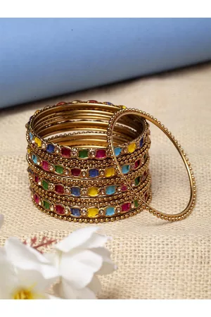 Shining Diva Set of 12 Gold-Plated Red & Blue Enamelled Bangles