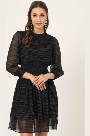 BEATNIK Polka Dots Printed Smocked Puff Sleeves Fit & Flare Dress