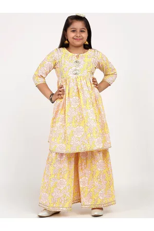 Aujjessa Girls Floral Printed Keyhole Neck Gotta Patti Pure Cotton Kurta With Sharara