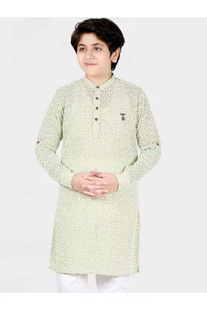 CAVIO Boys Green Floral Embroidered Chikankari Kurta with Pyjamas