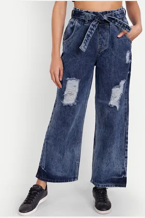 AngelFab Women Jean Wide Leg High-Rise Mildly Distressed Heavy Fade Cotton Jeans