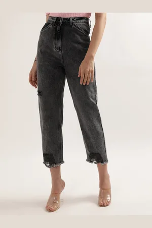 Elle Women High-Rise Heavy Fade Mildly Distressed Cropped Cotton Jeans
