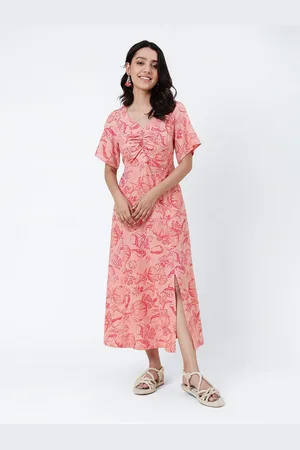 Fabindia Tropical Printed Ruched Cotton Linen Fit & Flare Midi Dress
