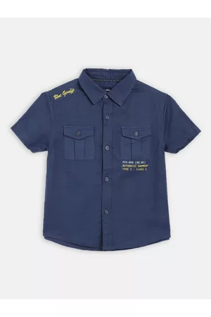 Blue Giraffe Boys Blue & Yellow Regular Fit Solid Casual Shirt