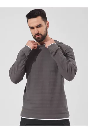 Maniac Men Self Design Long Sleeves Round Neck Cotton Slim Fit T-shirt