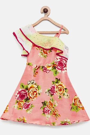MANY FROCKS & Girls Pink & Yellow Printed A-Line One Shoulder Dress