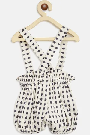 Kids On Board Infant Girls White & Black Dot Printed Cotton Dungarees