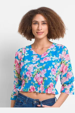 Globus Blue & Pink Floral Printed Georgette Crop Top