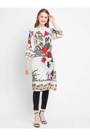 Cloth Haus India Women White & Green Floral Printed Keyhole Neck Floral Kurta