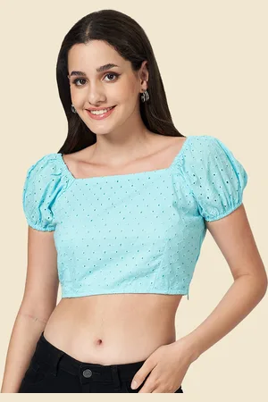 Pantaloons Self Design Puff Sleeves Schiffli Cotton Crop Top