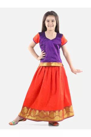 BownBee Girls Purple & Red Ready to Wear South Indian Pavda Pattu Lehenga Choli