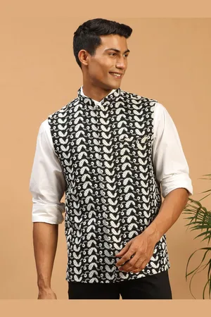 Vastramay Men Woven Design Chikankari Cotton Nehru Jacket