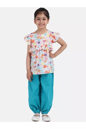 BownBee Girls White & Blue Printed Clothing Set