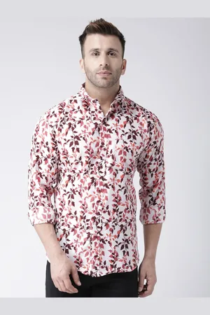 Hangup Men White & Coral Slim Fit Printed Casual Shirt