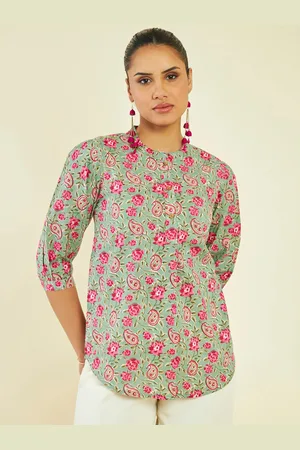Soch Floral Printed Mandarin Collar Cotton Top