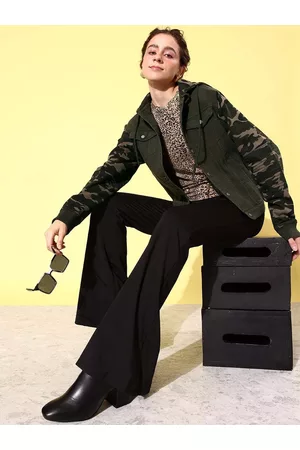HERE&NOW Camouflage Printed Cotton Hooded Denim Jacket