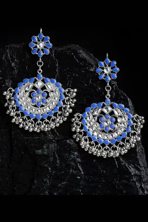 karatcart Blue Kundan Studded Oxidised Classic Drop Earrings