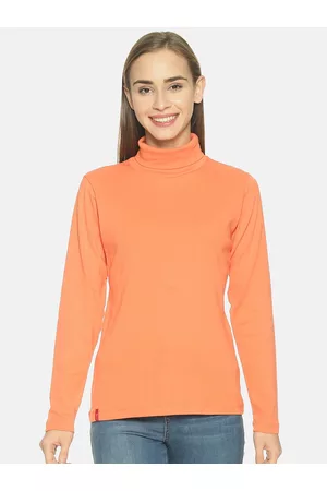 FEMEA Women Orange Solid Pure Cotton Top