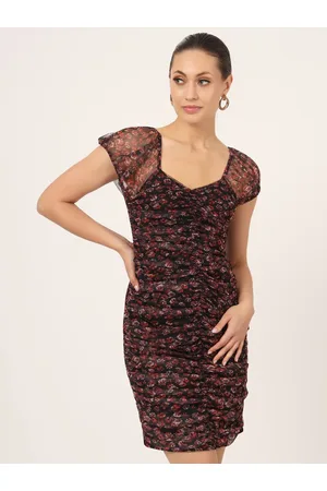 BEATNIK V-Neck Floral Printed Ruched Sheath Dress