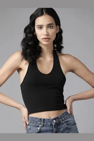Roadster Solid Halter Neck Fitted Crop Top