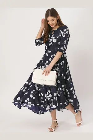DressBerry Women Navy Blue & White Printed Maxi Dress