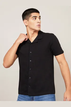 Styli Men Black Pure Cotton Micro Pique Cuban Collar Casual Shirt