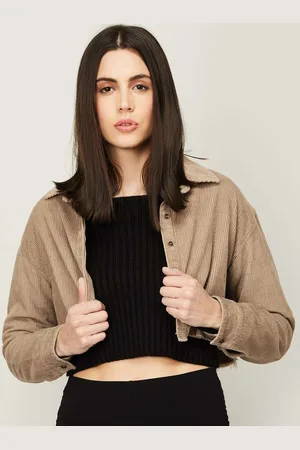 Xpose Women Khaki Drop Shoulder Corduroy Cropped Shacket
