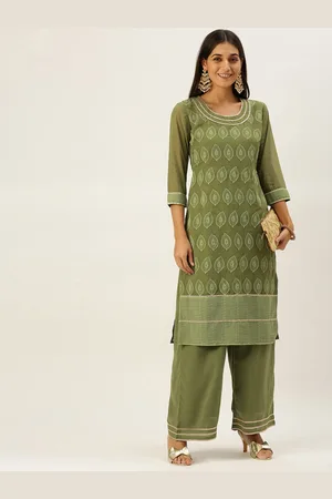 SWAGG INDIA Women Green Ethnic Motifs Embroidered Chikankari Kurta with Palazzos